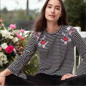 LOFT Black and White Striped Top with Floral Embroidery